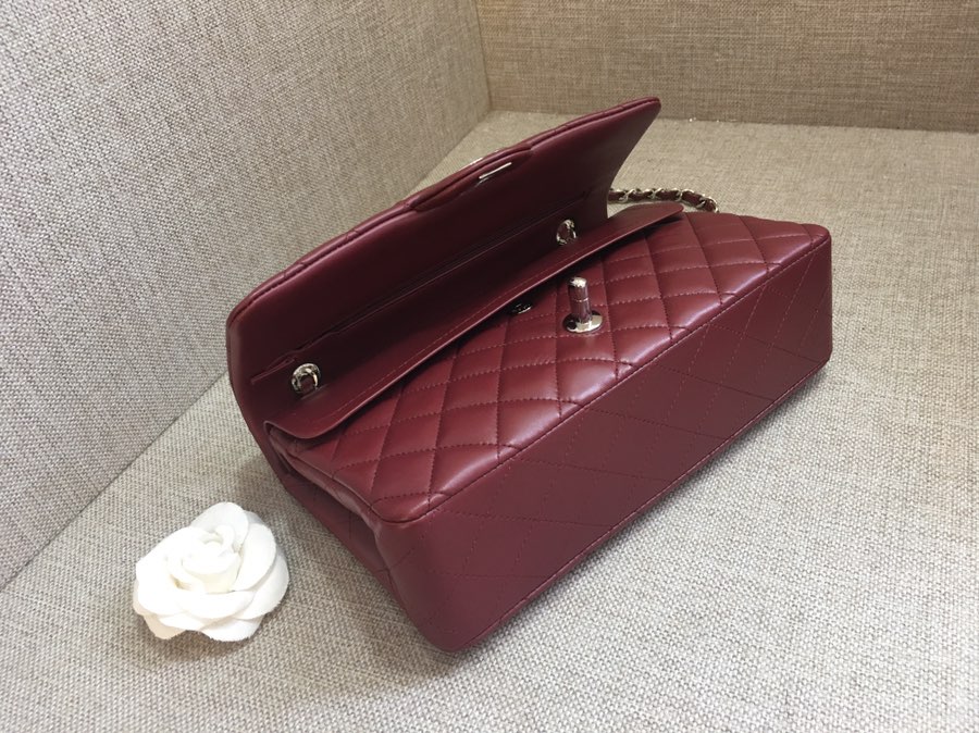 Medium Classic Flap Lambskin Bag AO1112 Dark Red/Silver